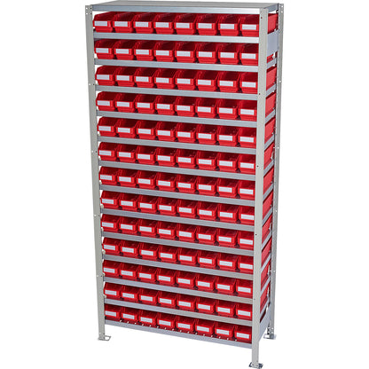 Boltless shelving unit with shelf bins, shelf height 2100 mm, basic shelf unit, depth 300 mm, 104 red bins.