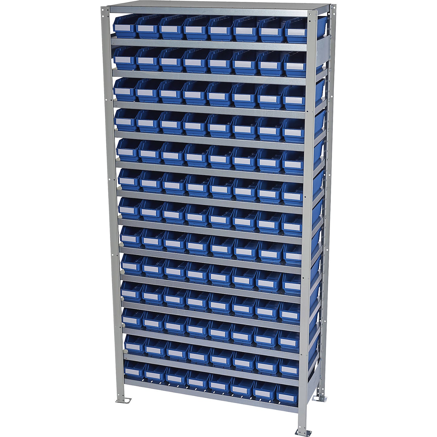 Boltless shelving unit with shelf bins, shelf height 2100 mm, basic shelf unit, depth 300 mm, 104 blue bins.