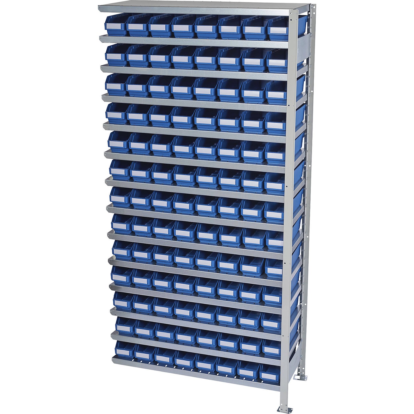 Boltless shelving unit with shelf bins, shelf height 2100 mm, extension shelf unit, depth 300 mm, 104 blue bins.
