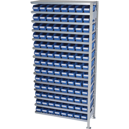 Boltless shelving unit with shelf bins, shelf height 2100 mm, extension shelf unit, depth 300 mm, 104 blue bins.