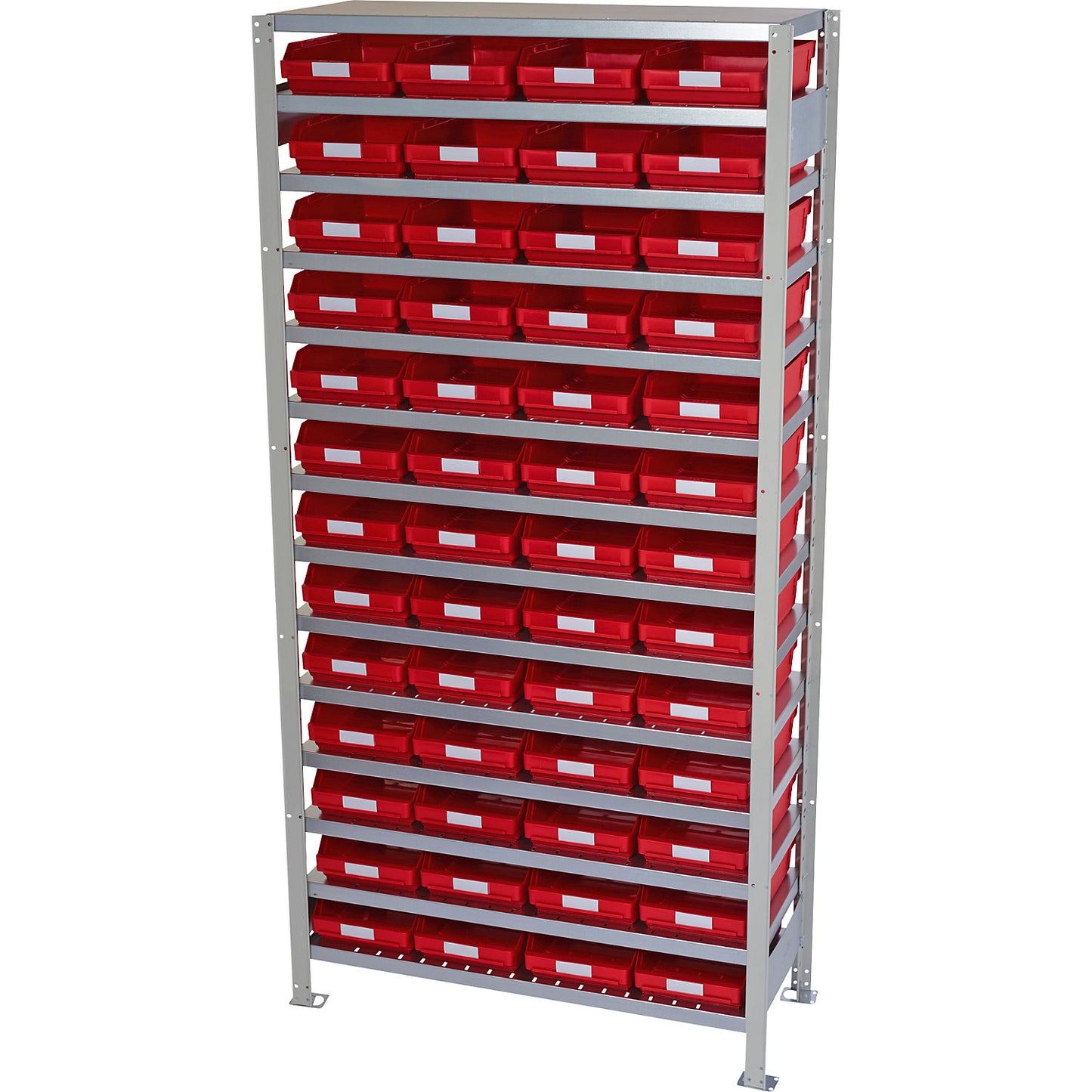 Boltless shelving unit with shelf bins, shelf height 2100 mm, basic shelf unit, depth 300 mm, 52 red bins.
