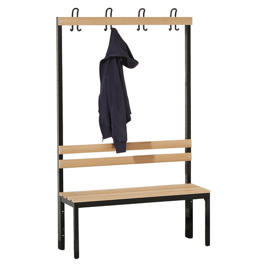Changing room bench with back rest, single sided, beech wood slats, length 1000 mm.