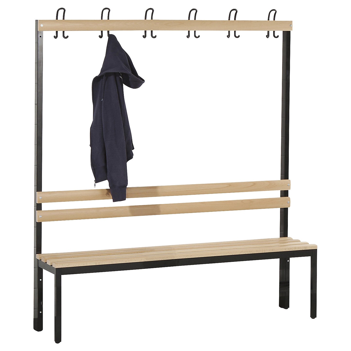 Changing room bench with back rest, single sided, beech wood slats, length 1500 mm.