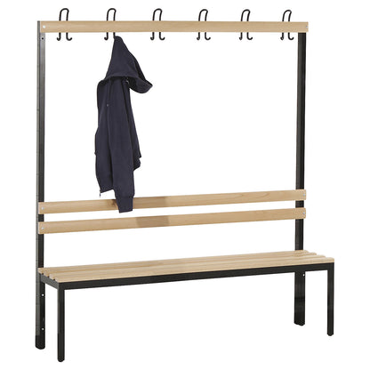 Changing room bench with back rest, single sided, beech wood slats, length 1500 mm.