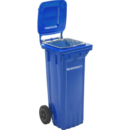 Plastic waste bin DIN EN 840, capacity 120 l, WxHxD 505 x 1005 x 555 mm, blue.