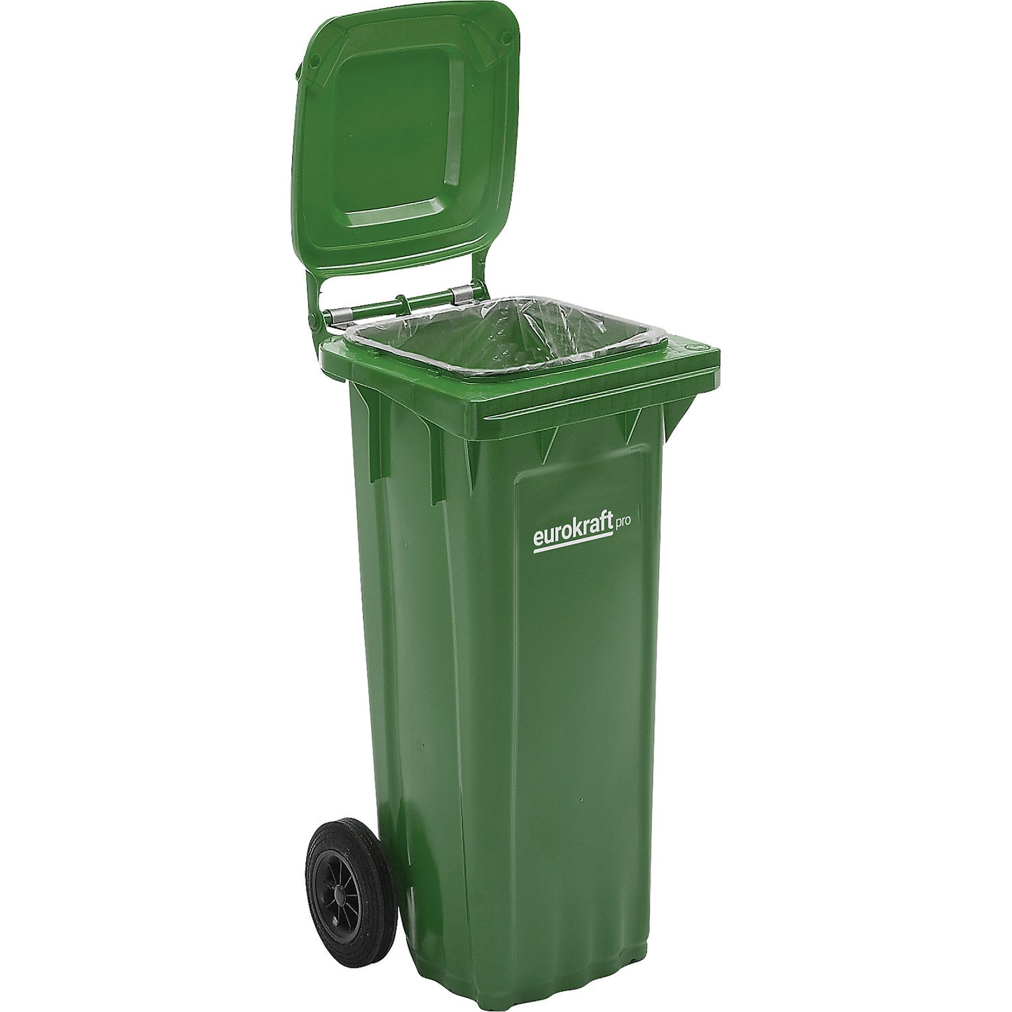 Plastic waste bin DIN EN 840, capacity 80 l, WxHxD 448 x 932 x 514 mm, green.