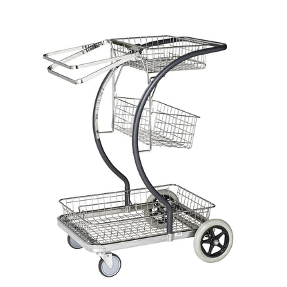 C-LINE platform and cleaning trolley, with baskets and waste sack holder, 2 swivel castors and 2 fixed castors.