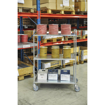 Lightweight shelf truck, height 1445 mm, with 3 metal shelves, blue, 2 swivel castors with stops.