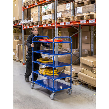 Lightweight shelf truck, height 1445 mm, with 5 metal shelves, blue, 4 swivel castors.