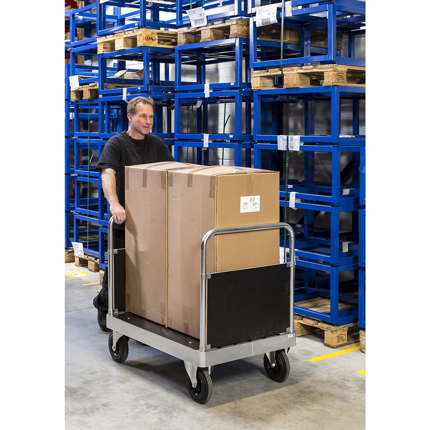 JUMBO zinc plated platform truck, with 2 end panels, length 1000 mm, with stop.
