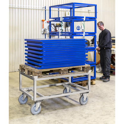 Pallet dolly, zinc plated, height 700 mm, with stops.