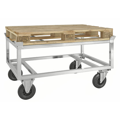 Pallet dolly, zinc plated, height 700 mm, with stops.