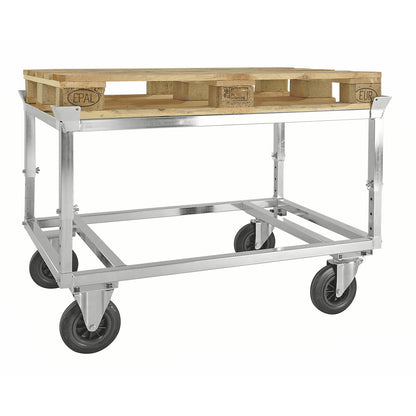 Pallet dolly, zinc plated, height 655 - 835 mm, without stops.