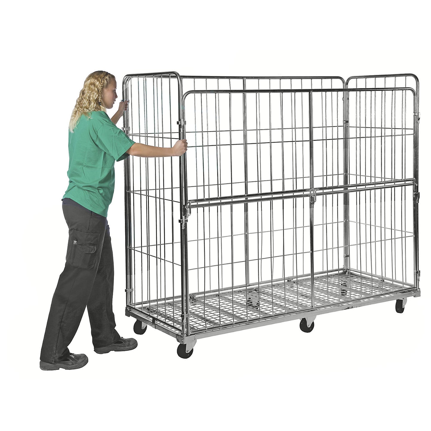 XXL 4-sided roll container, folding long side, without wheel stops.