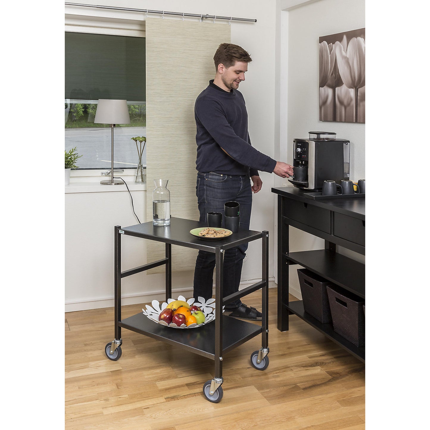 Table trolley with 2 shelves, 4 swivel castors, charcoal.