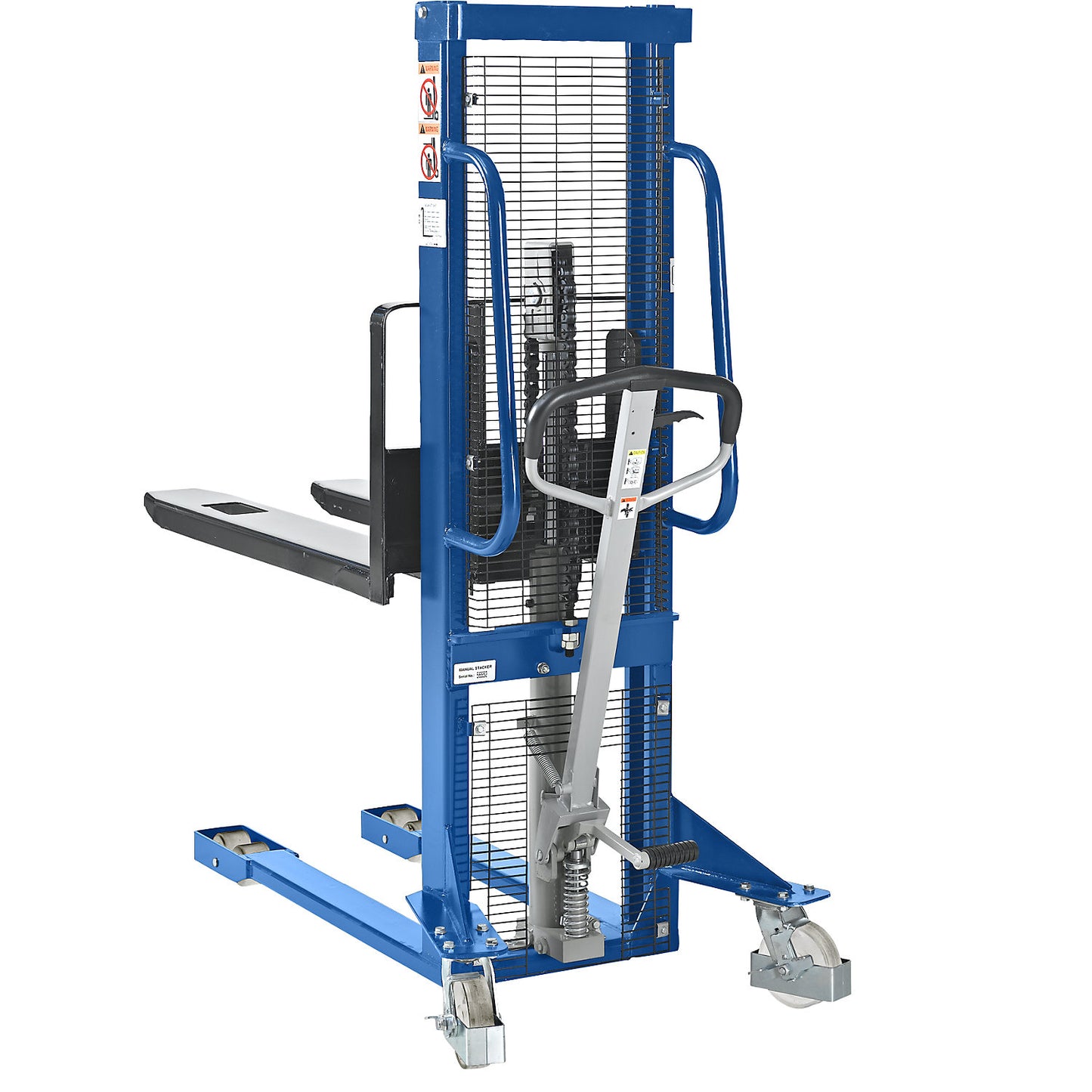 High lift stacker, lifting range 90 - 1200 mm, max. load 1100 kg, overall height 1720 mm.