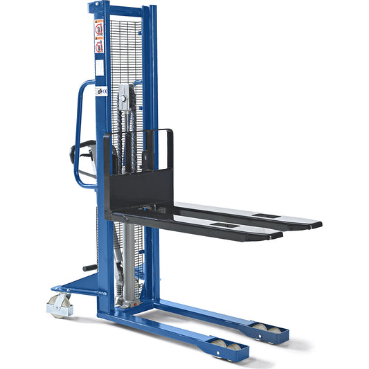 High lift stacker, lifting range 90 - 1600 mm, max. load 1100 kg, overall height 1980 mm.