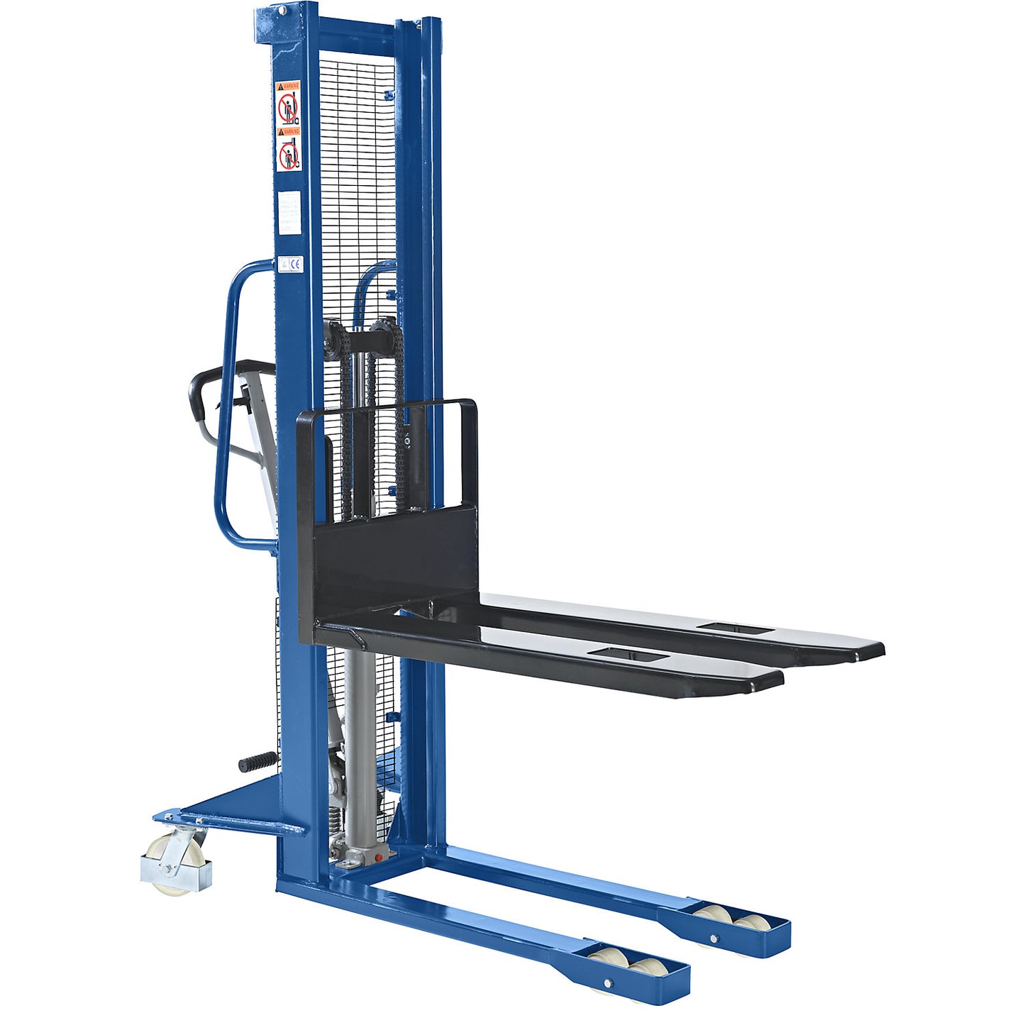 High lift stacker, lifting range 90 - 1600 mm, max. load 1600 kg, overall height 2080 mm.