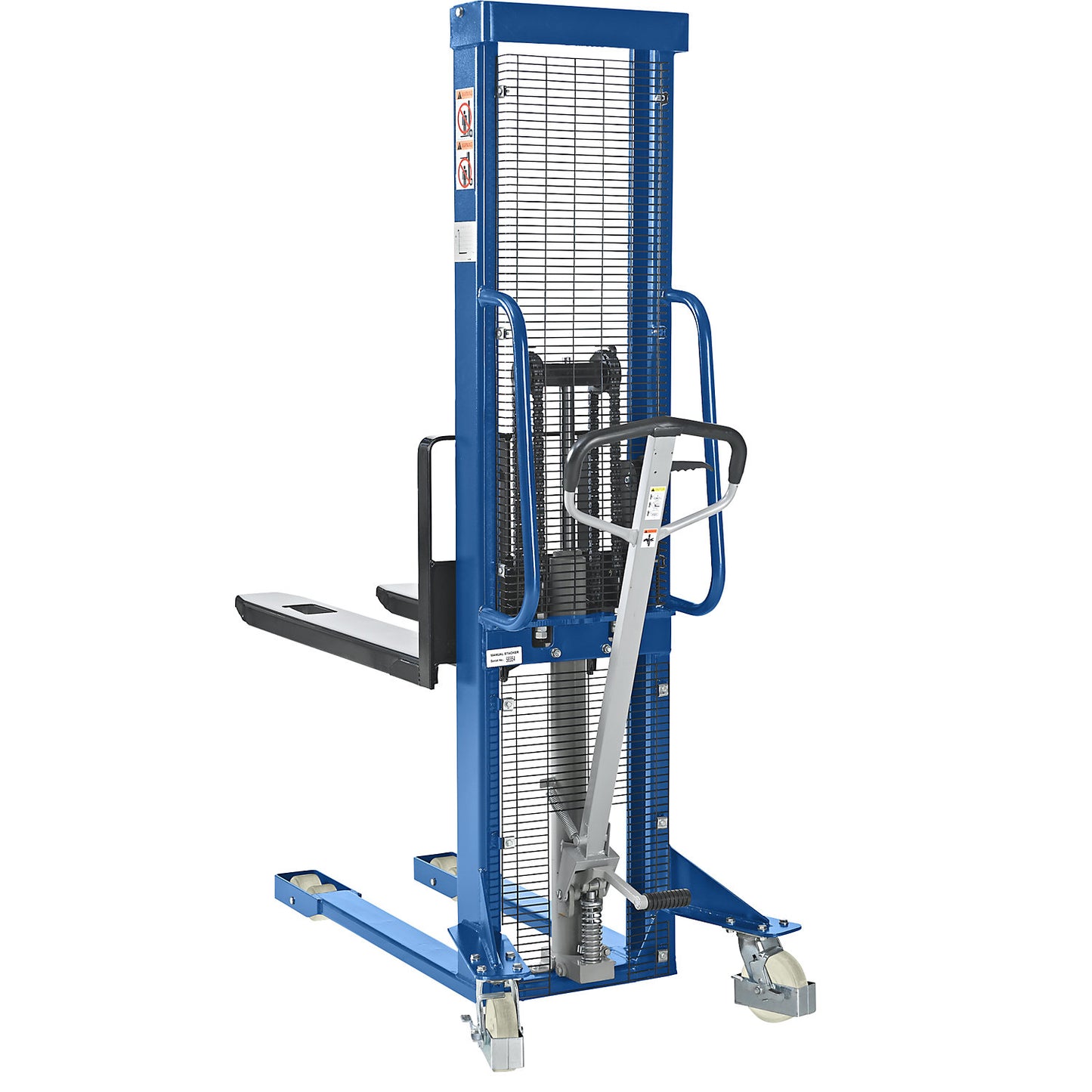 High lift stacker, lifting range 90 - 1600 mm, max. load 1600 kg, overall height 2080 mm.