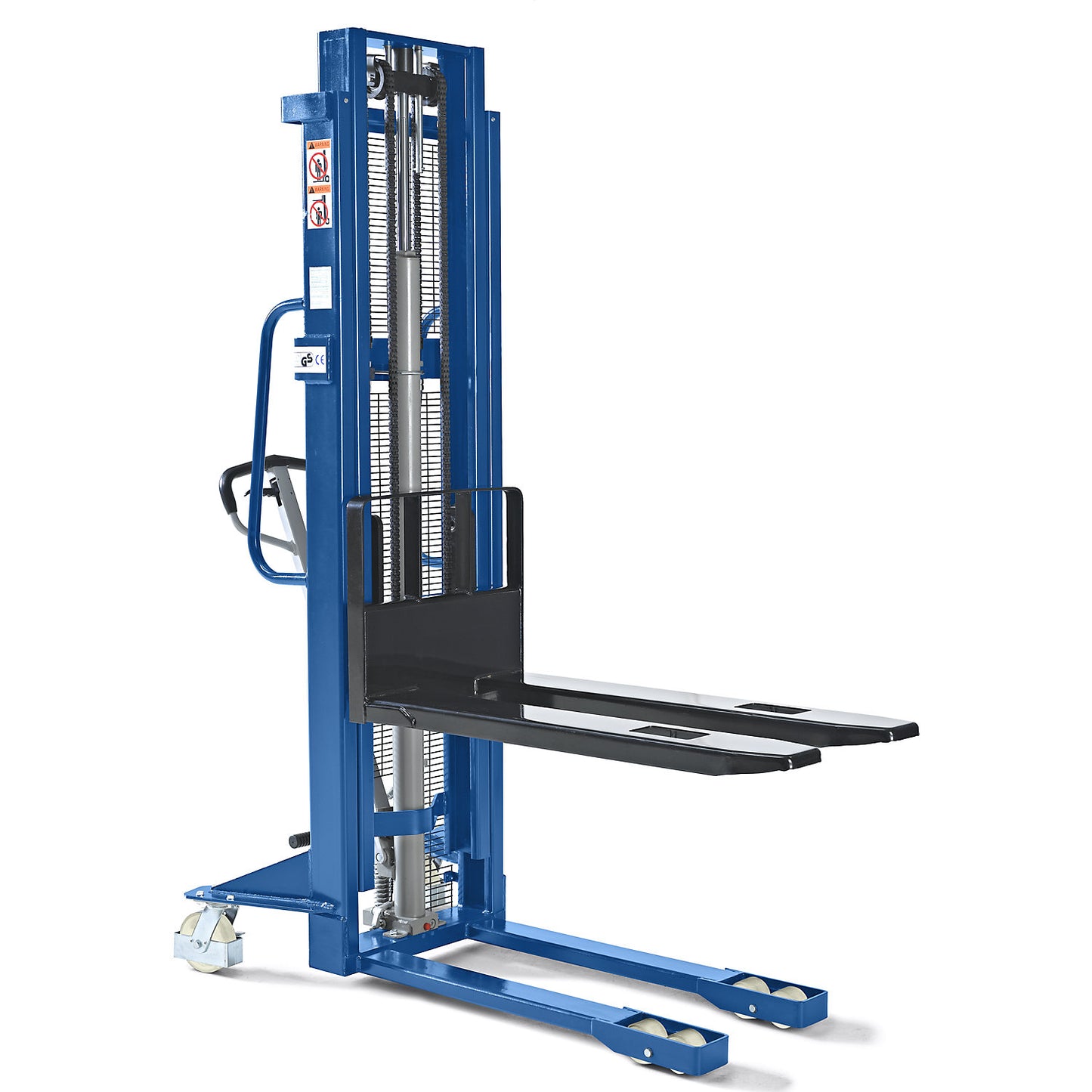 High lift stacker, lifting range 90 - 3000 mm, max. load 1100 kg, overall height 2080 mm.