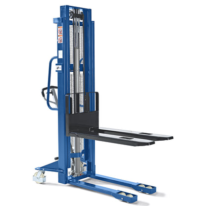 High lift stacker, lifting range 90 - 3000 mm, max. load 1100 kg, overall height 2080 mm.