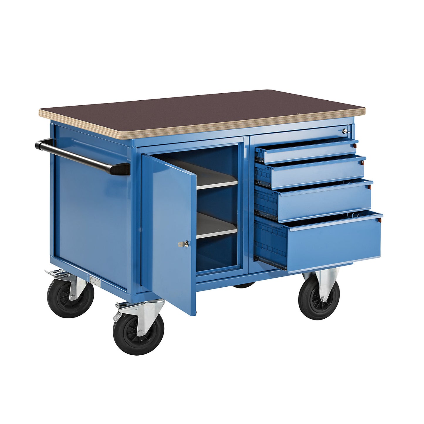 Assembly trolley, 1 cupboard, 1 drawer cupboard, body and front in light blue, multiplex worktop.
