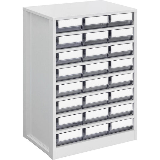 Drawer cabinet, max. housing load 240 kg, HxWxD 862 x 600 x 417 mm, 24 drawers, transparent drawers.
