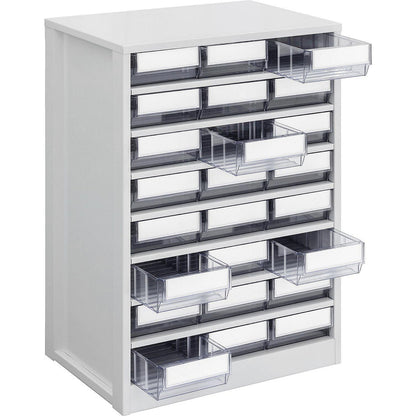 Drawer cabinet, max. housing load 240 kg, HxWxD 862 x 600 x 417 mm, 24 drawers, transparent drawers.