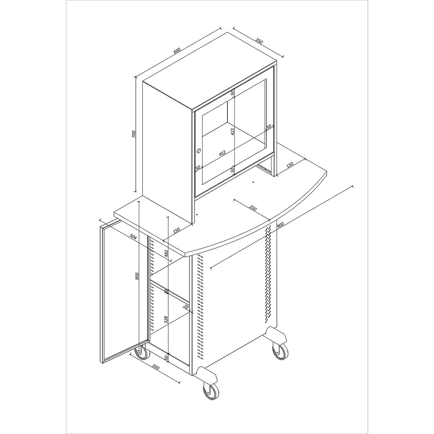 Computer cupboard, with worktop, light grey / gentian blue.