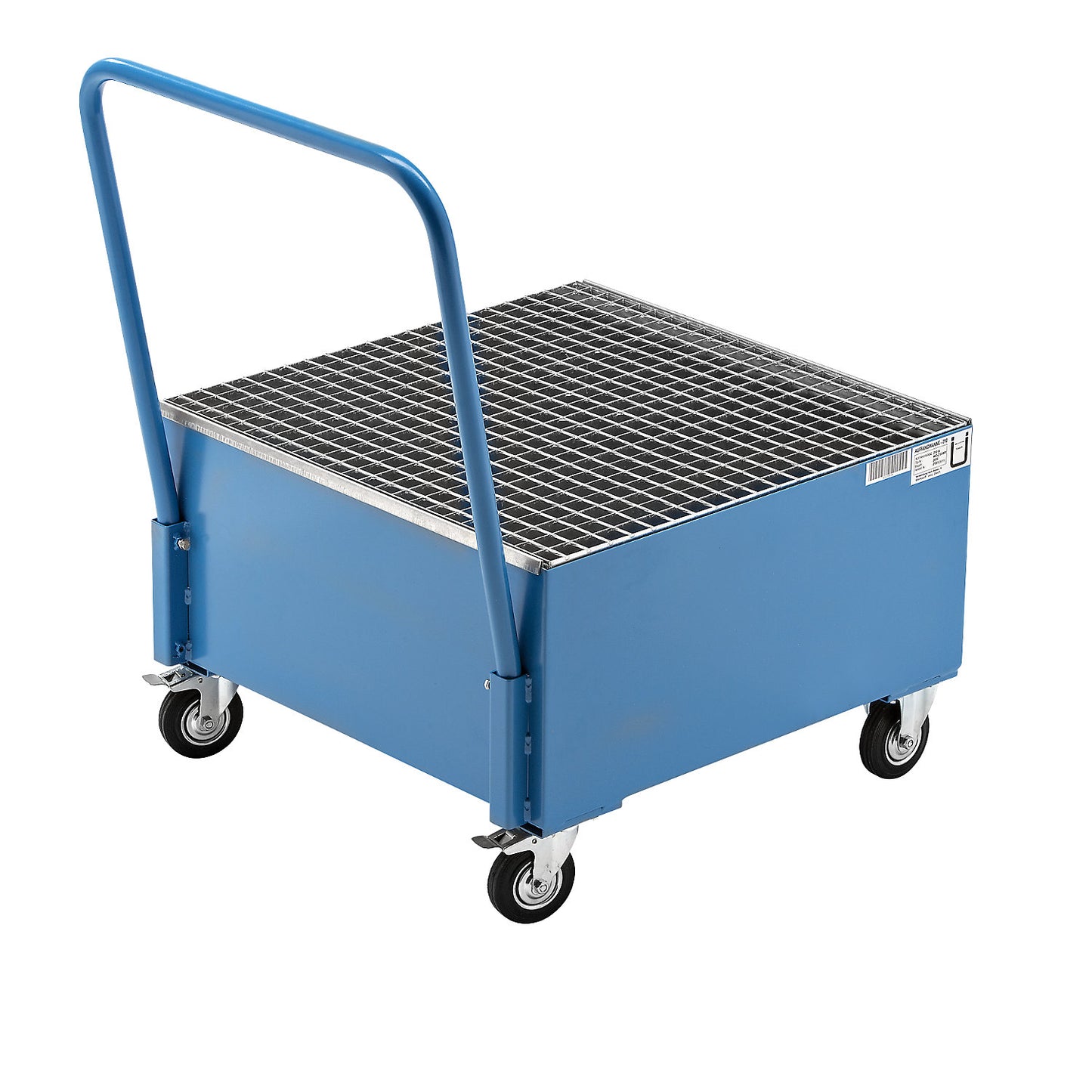 Mobile sump tray made of sheet steel, LxW 800 x 800 mm, 1 x 200 l vertical drum, blue RAL 5012.