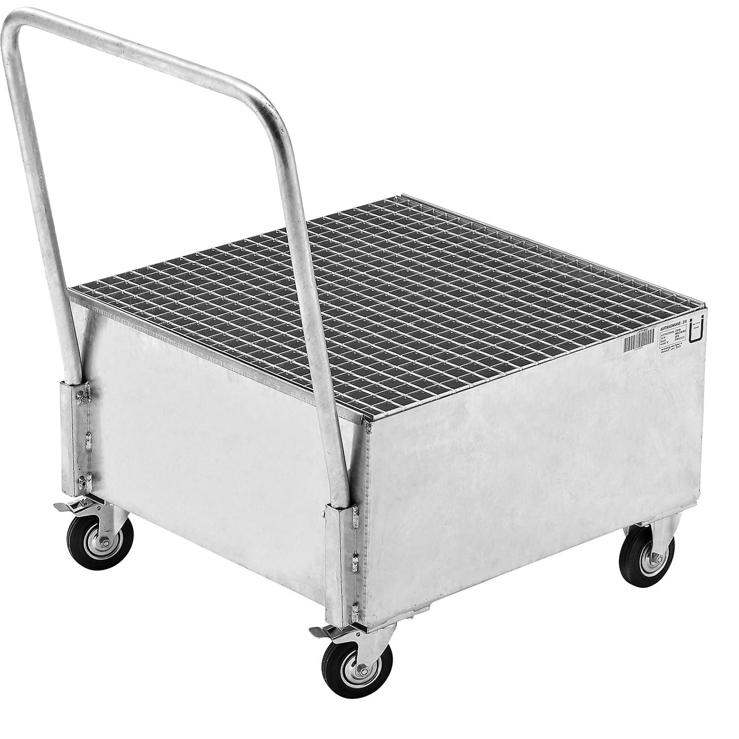 Mobile sump tray made of sheet steel, LxW 800 x 800 mm, 1 x 200 l vertical drum, hot dip galvanised.