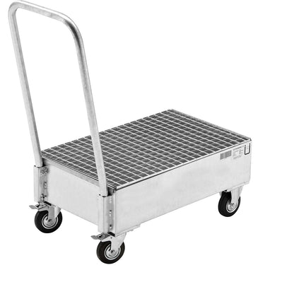Mobile sump tray made of sheet steel, LxW 800 x 500 mm, 2 x 60 l vertical drums, hot dip galvanised.