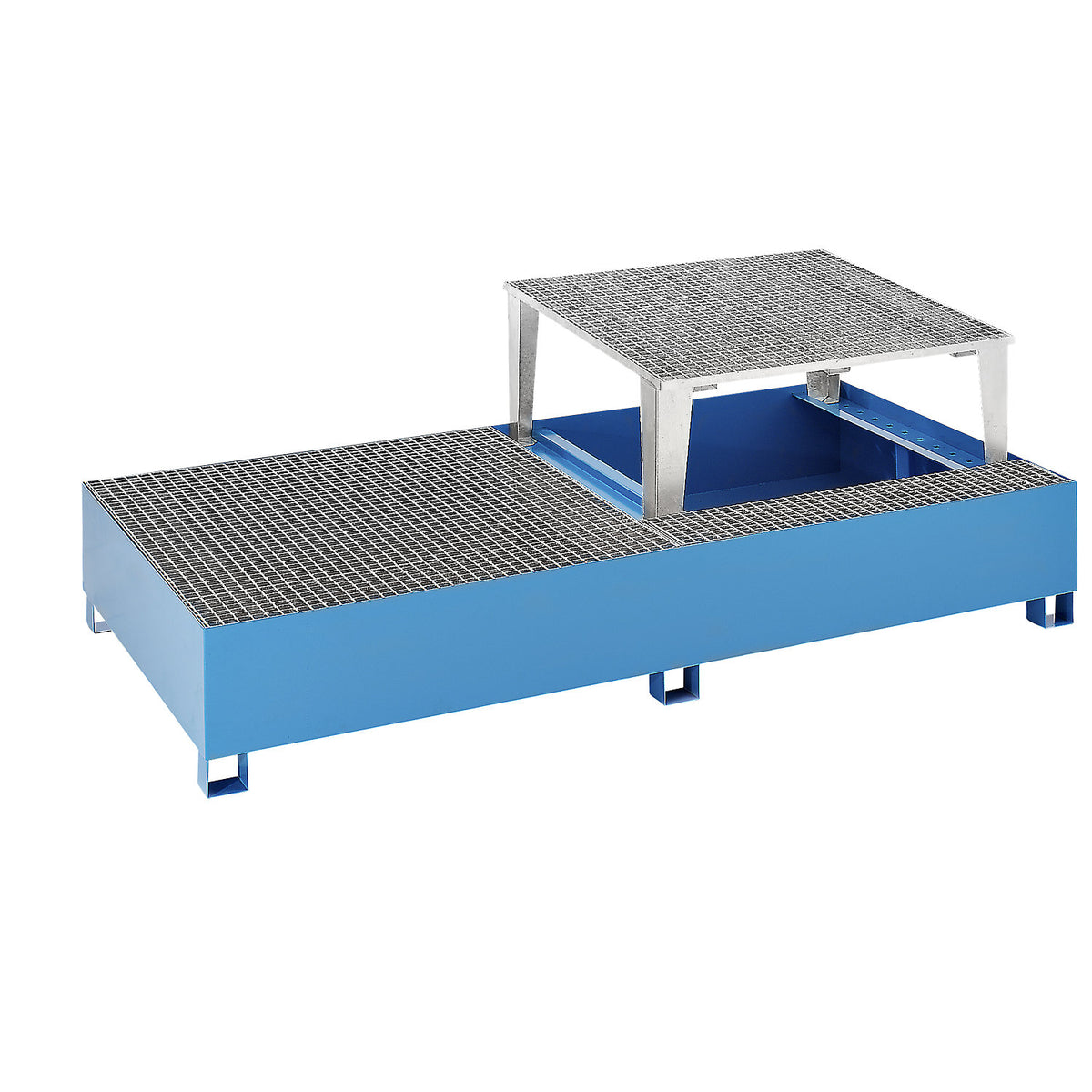 Steel sump tray for IBC/CTC tank containers, for 2 x 1000 l containers, 1 filling attachment, powder coated, blue RAL 5012.