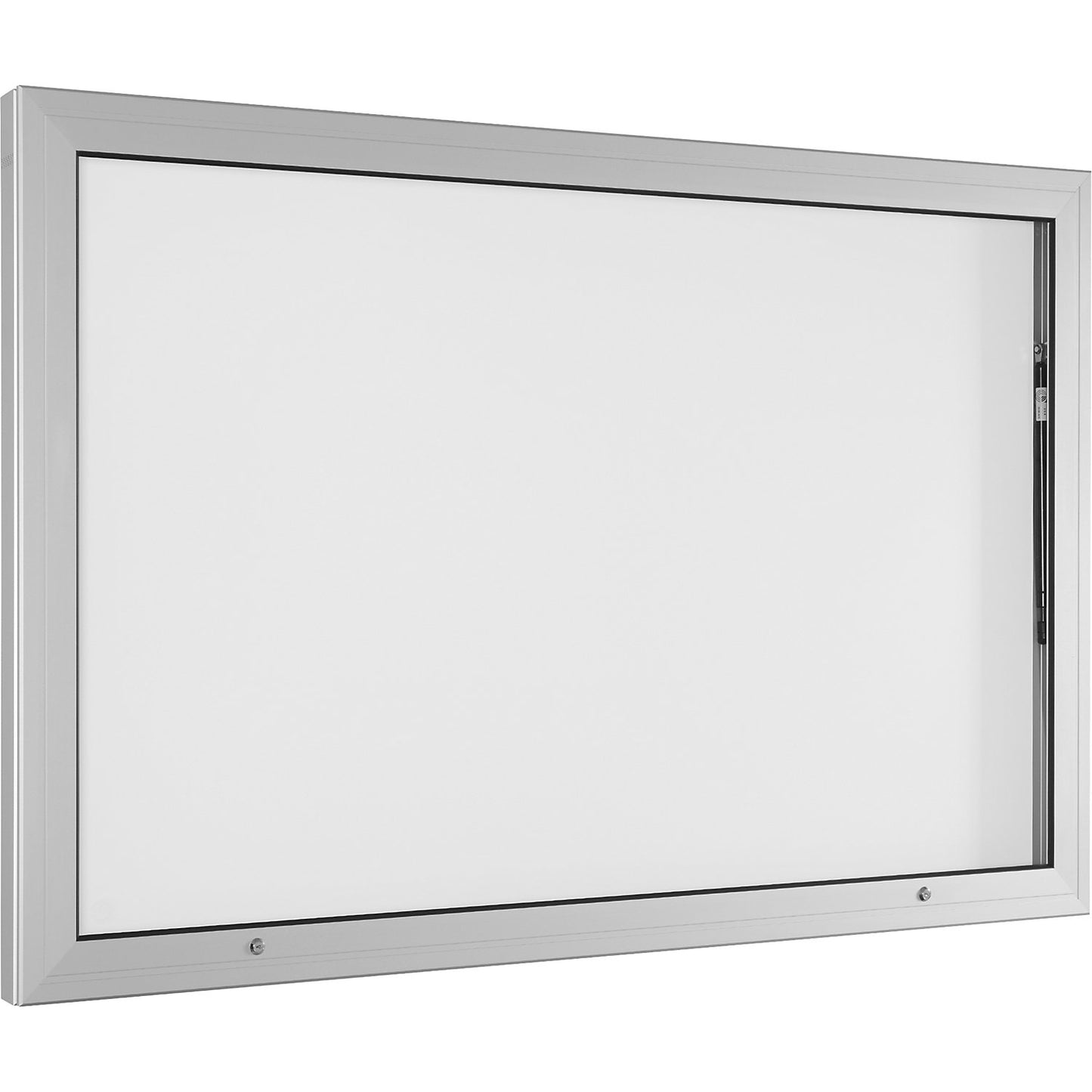 Display case, door opens upwards 90°, over sized, rear panel in pure white.