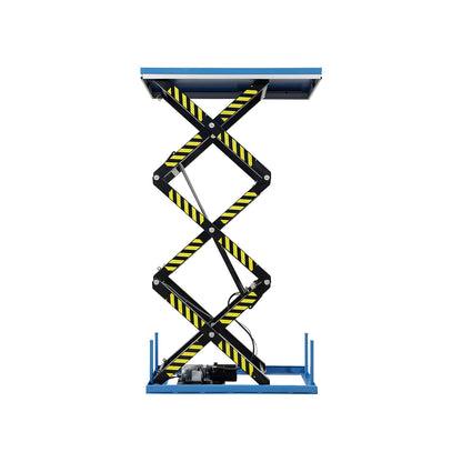 Triple scissor lift table, platform LxW 1700 x 1000 mm, max. load 2000 kg, operating voltage 400 V.