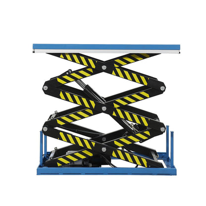 Triple scissor lift table, platform LxW 1700 x 1000 mm, max. load 2000 kg, operating voltage 400 V.