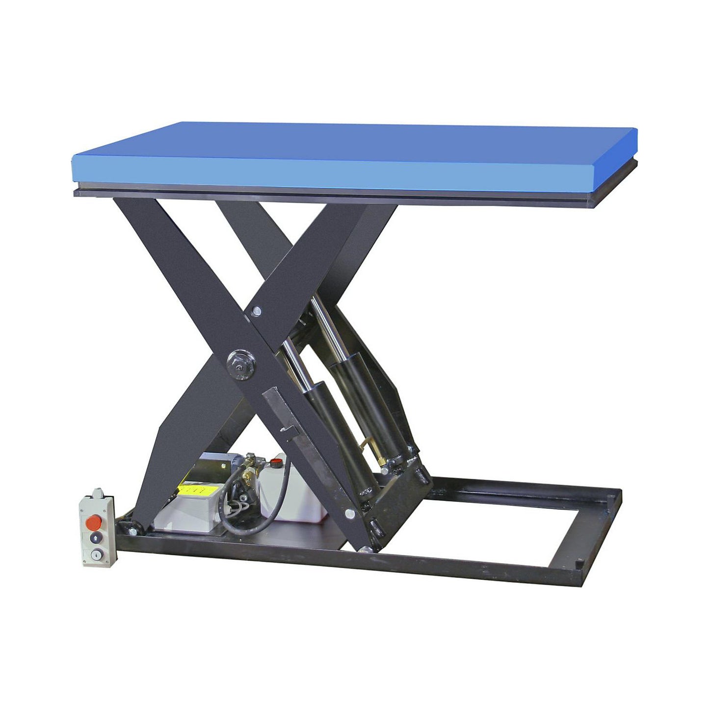 Compact lift table, platform LxW 1300 x 800 mm, max. load 500 kg, operating voltage 400 V.