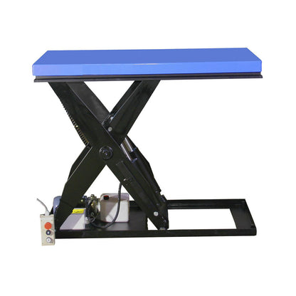 Compact lift table, platform LxW 1300 x 800 mm, max. load 500 kg, operating voltage 400 V.