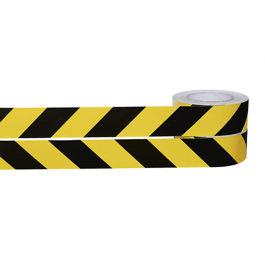 Hazard warning tape, self adhesive, retroreflective, pack of 2 rolls, black-yellow.