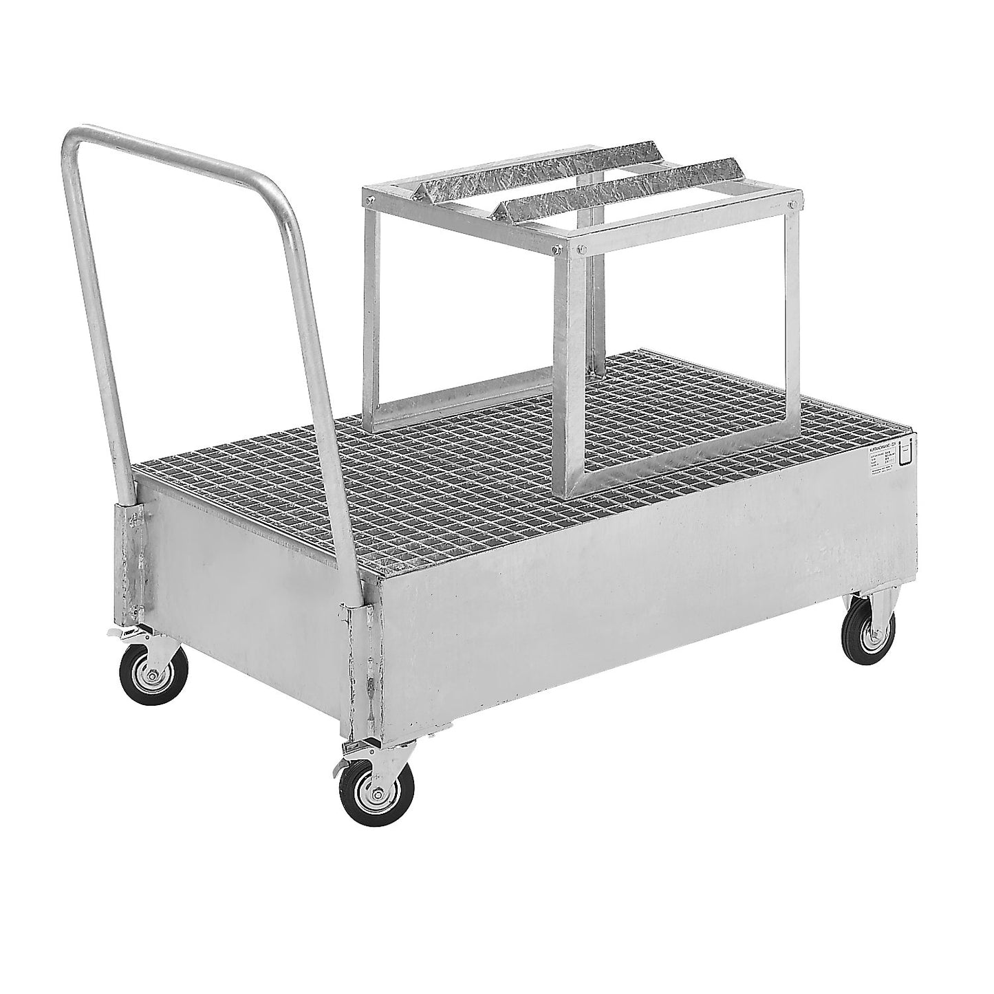 Mobile sump tray made of sheet steel, LxW 1200 x 800 mm, 1 x 200 l horizontal drum, hot dip galvanised.