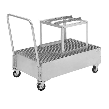 Mobile sump tray made of sheet steel, LxW 1200 x 800 mm, 1 x 200 l horizontal drum, hot dip galvanised.