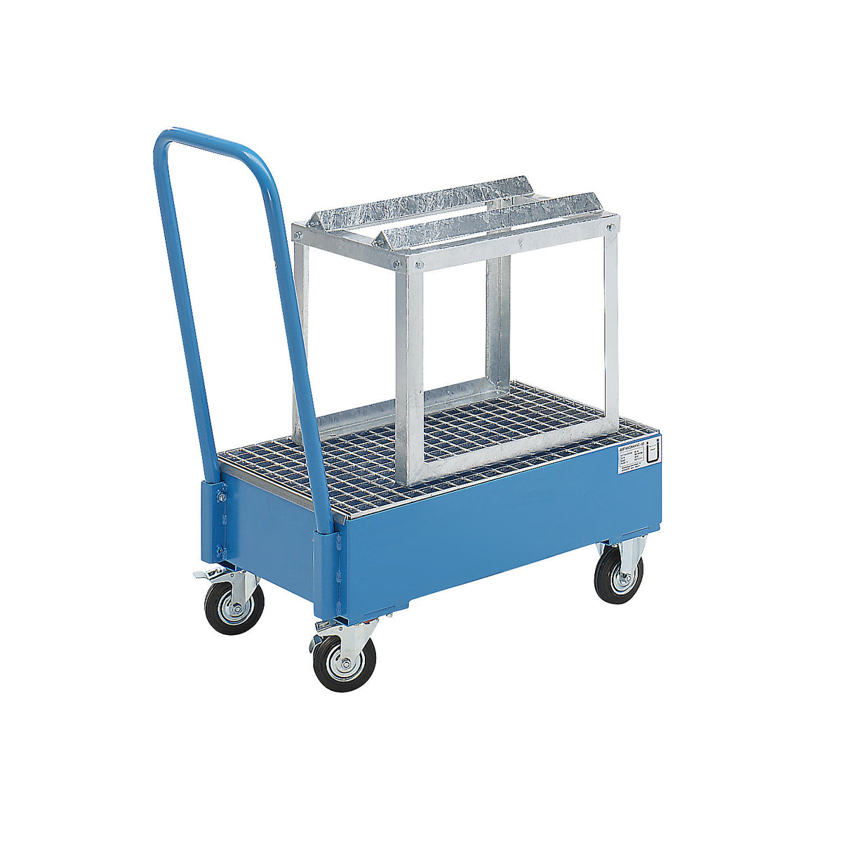 Mobile sump tray made of sheet steel, horizontal drums, LxW 800 x 500 mm, 1 x 60 l drum, blue RAL 5012.