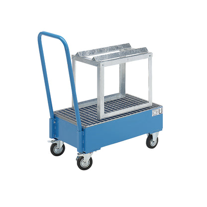 Mobile sump tray made of sheet steel, horizontal drums, LxW 800 x 500 mm, 1 x 60 l drum, blue RAL 5012.