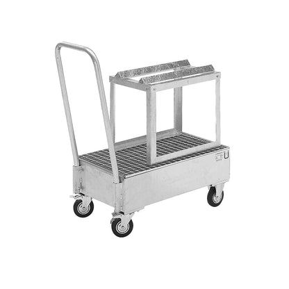 Mobile sump tray made of sheet steel, horizontal drums, LxW 800 x 500 mm, 1 x 60 l drum, hot dip galvanised.
