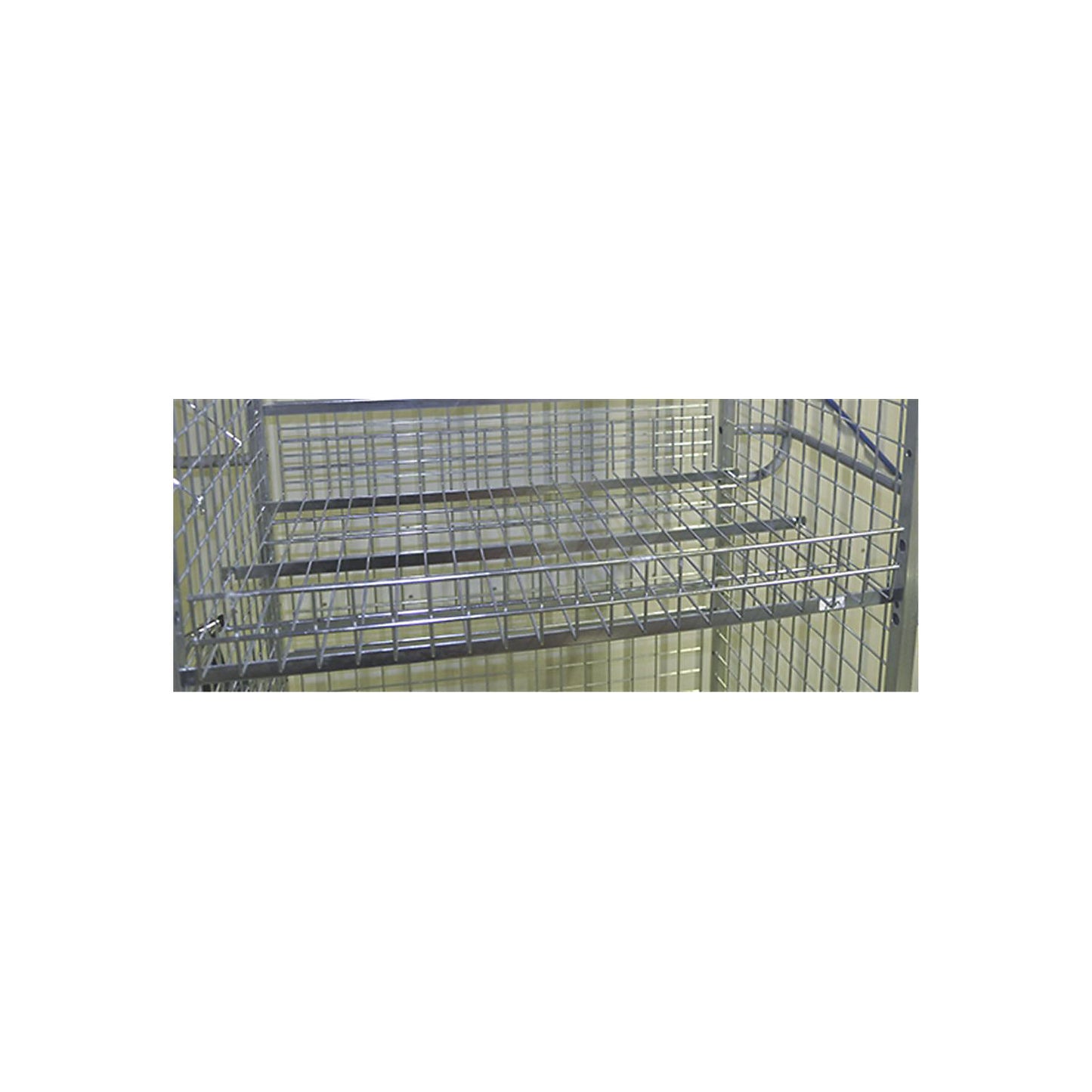 Mesh shelf, electrolytically zinc plated, with raised edges, HxWxD 100 x 1285 x 615 mm.