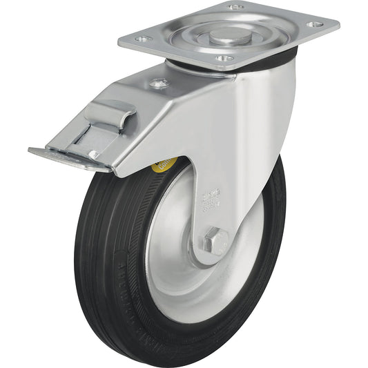 Two component solid rubber tyre, wheel Ø x width 140 x 37.5 mm, swivel castor with double stop.
