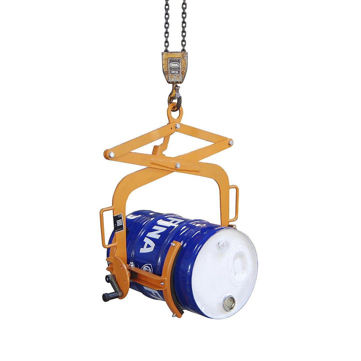 Drum tilting clamp, for 60 l steel bung drums and drums with lids, orange.