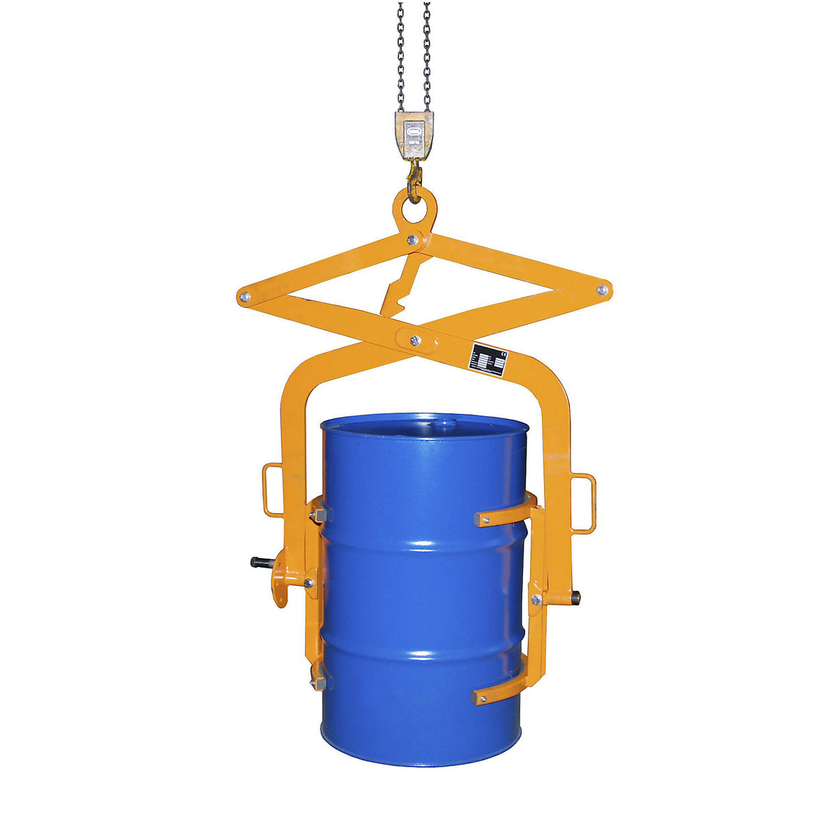 Drum tilting clamp, for 200 l steel bung drums and drums with lids, orange.