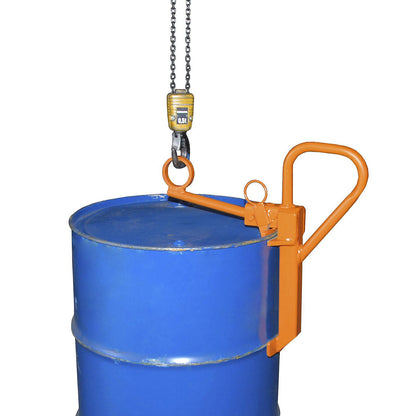 Drum clamp, for upright, 200 l steel bung drums, orange.