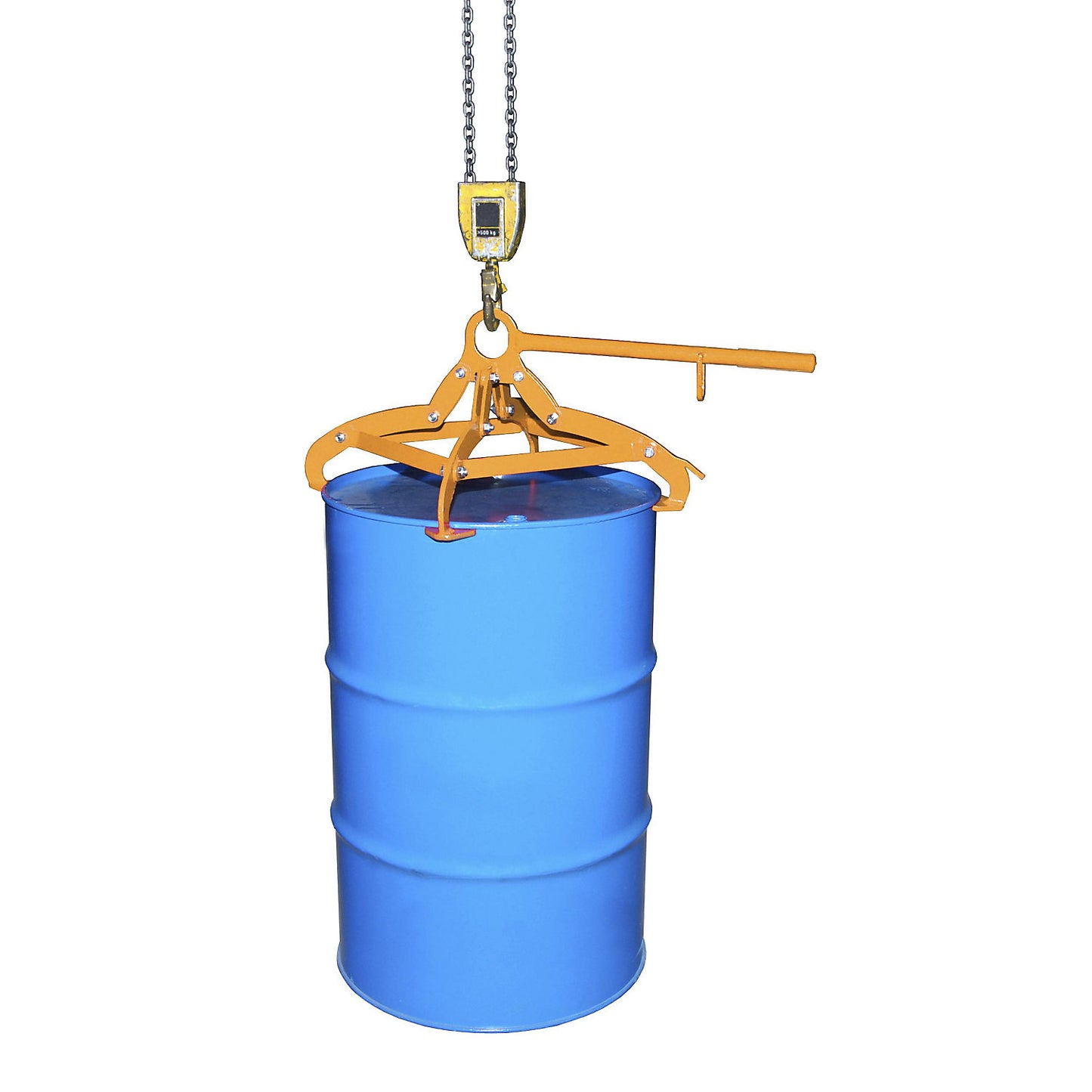 Drum gripper with 4-point clamping system, for 200 l steel bung drums and drums with lids, 220 l plastic L-ring drums, orange.